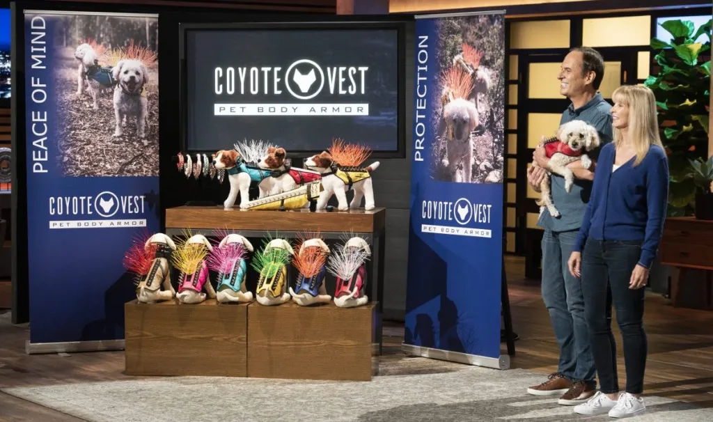 Paul and Pamela Mott on ABC's "Shark Tank,” Season 10 introducing their product — coyote vest for dogs.