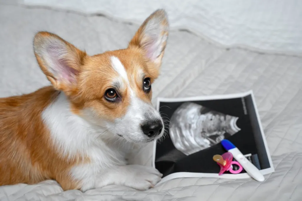 Cute ginger and white dog of Welsh Corgi Pembroke dog breed, lying on white cover on the bed or sofa close to the x-ray shoot of pregnancy, baby pacifier and pregnancy test. How long are dogs pregnant?