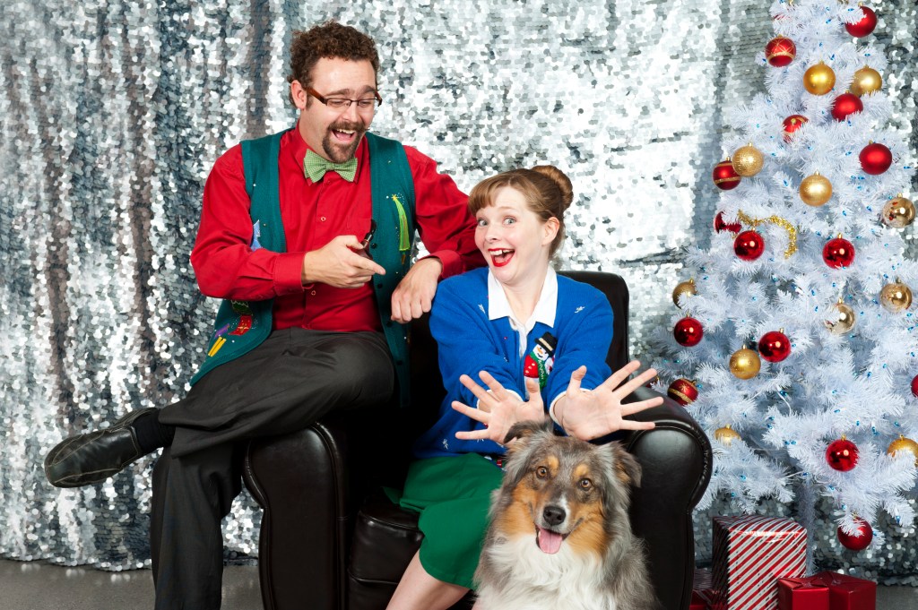 A funny Christmas portrait of a couple and their dog, one way to create an annual holiday tradition with your dog.