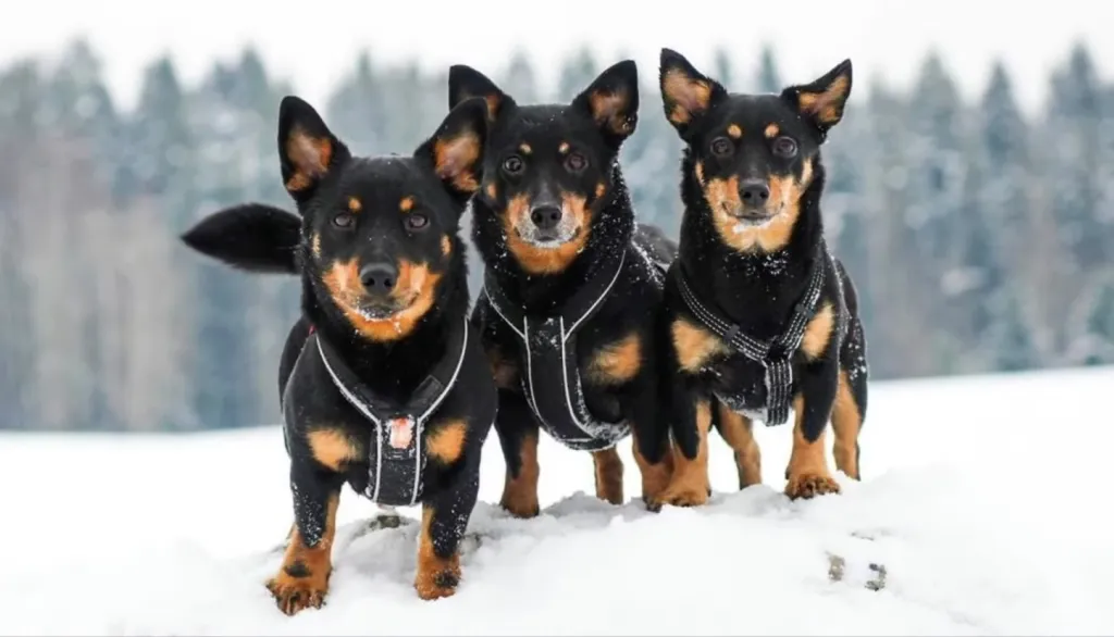 Three Lancashire Heeler puppies in snow.
