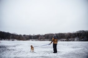 Man and his dog standing on a frozen lake, like the Michigan lake where a dog rescued owner who fell through ice