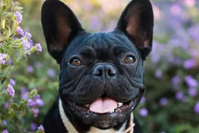 A Black French Bulldog stands in flowers outdoors and looks happily at the camera.