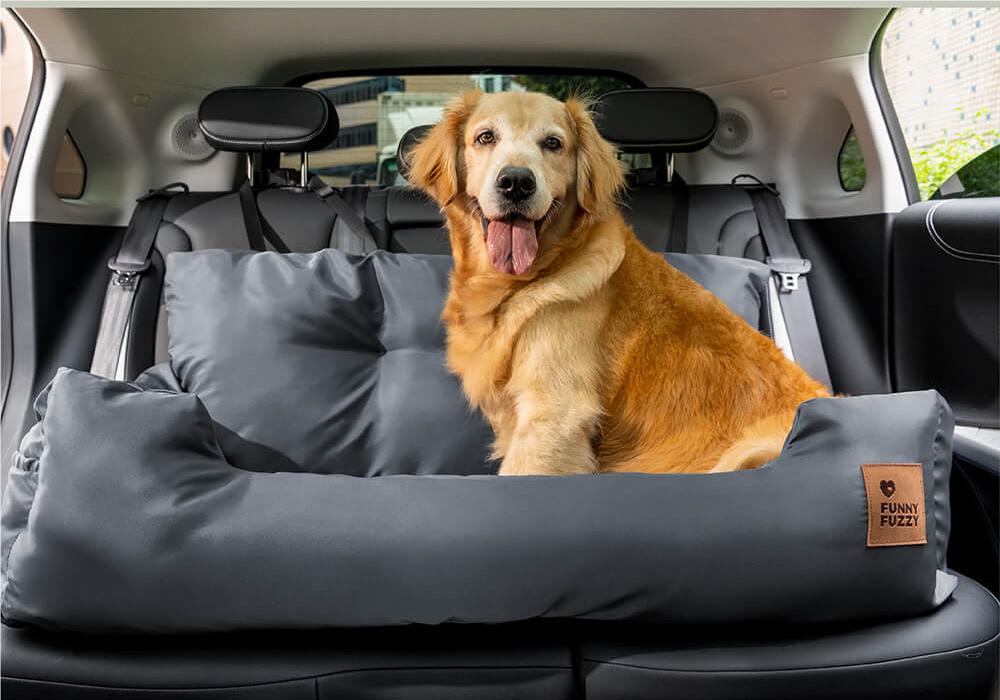 FunnyFuzzy Travel Bolster Safety Medium Large Dog Car Back Seat Bed in Waterproof Pro-Charcoal grey.