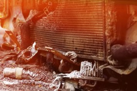A close-up of an RV burned to the ground, recently, a San Diego dog was killed in an RV fire