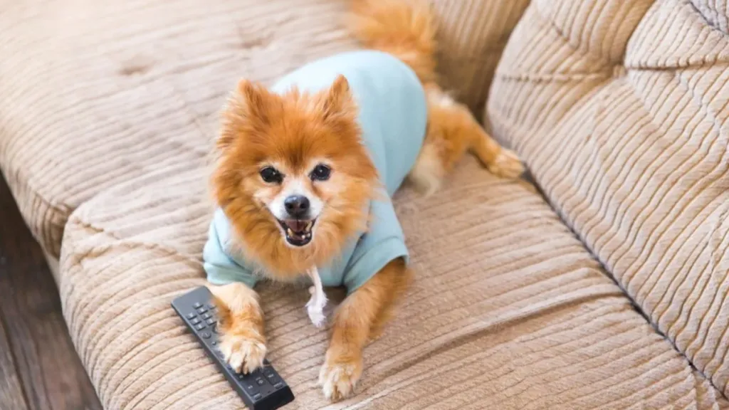 A dog with a TV remote similar to the dogs who like watching Bluey.