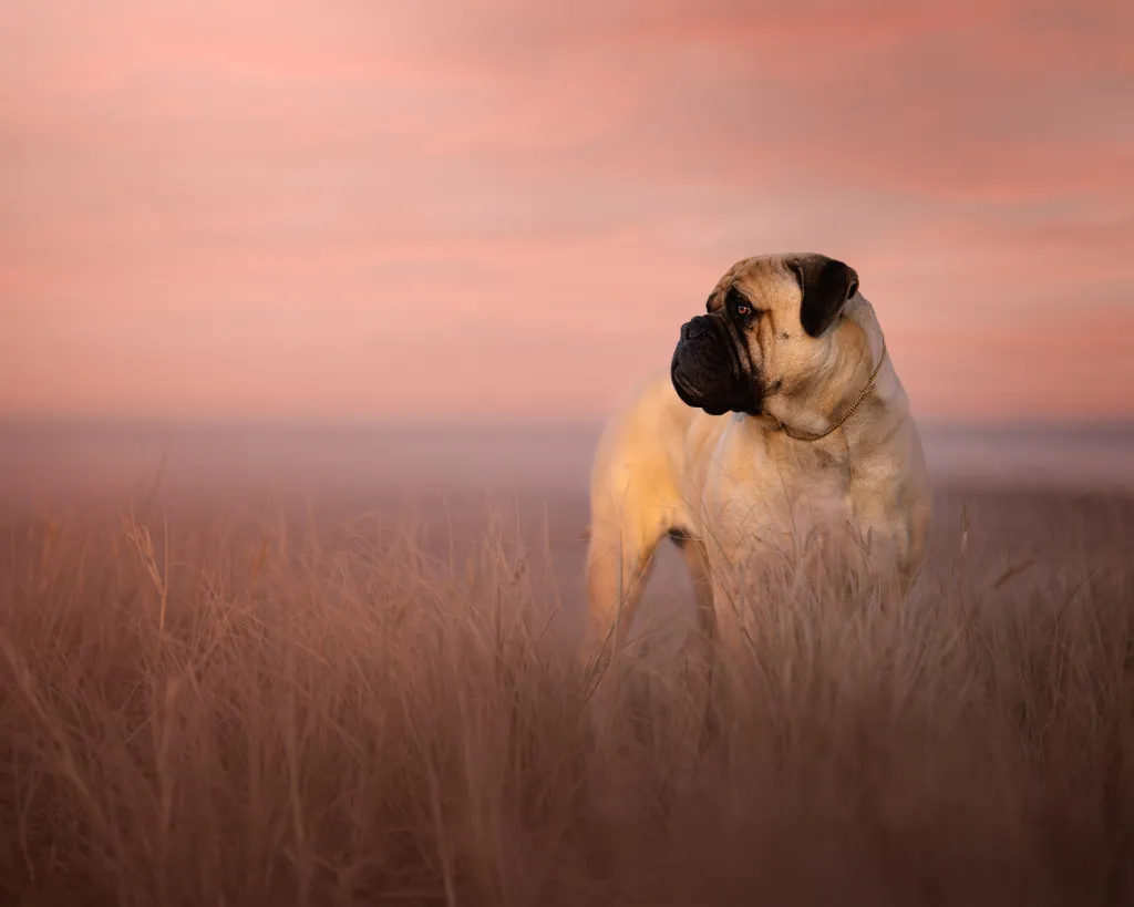 Portrait of Bullmastiff standing on field against sky during sunset,Orewa,Auckland,New Zealand