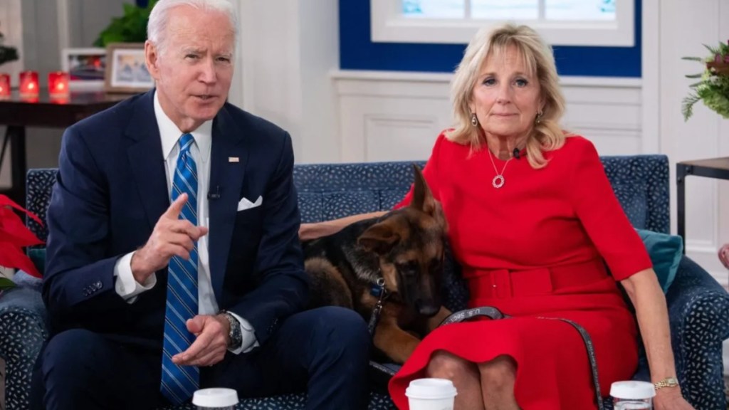 Joe Biden and Jill Biden with Commander, the Bidens' family dog who has bit Secret Service personnel two dozen times.
