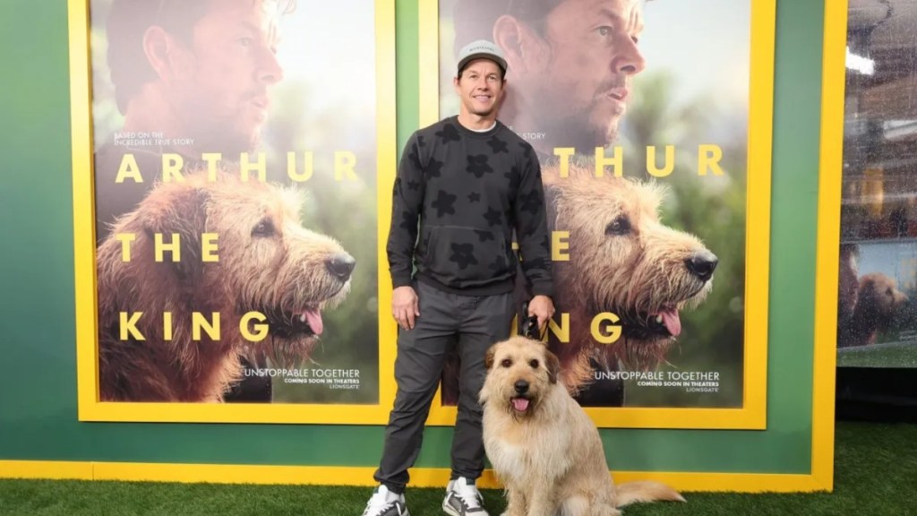 Mark Wahlberg with dog at film screening.