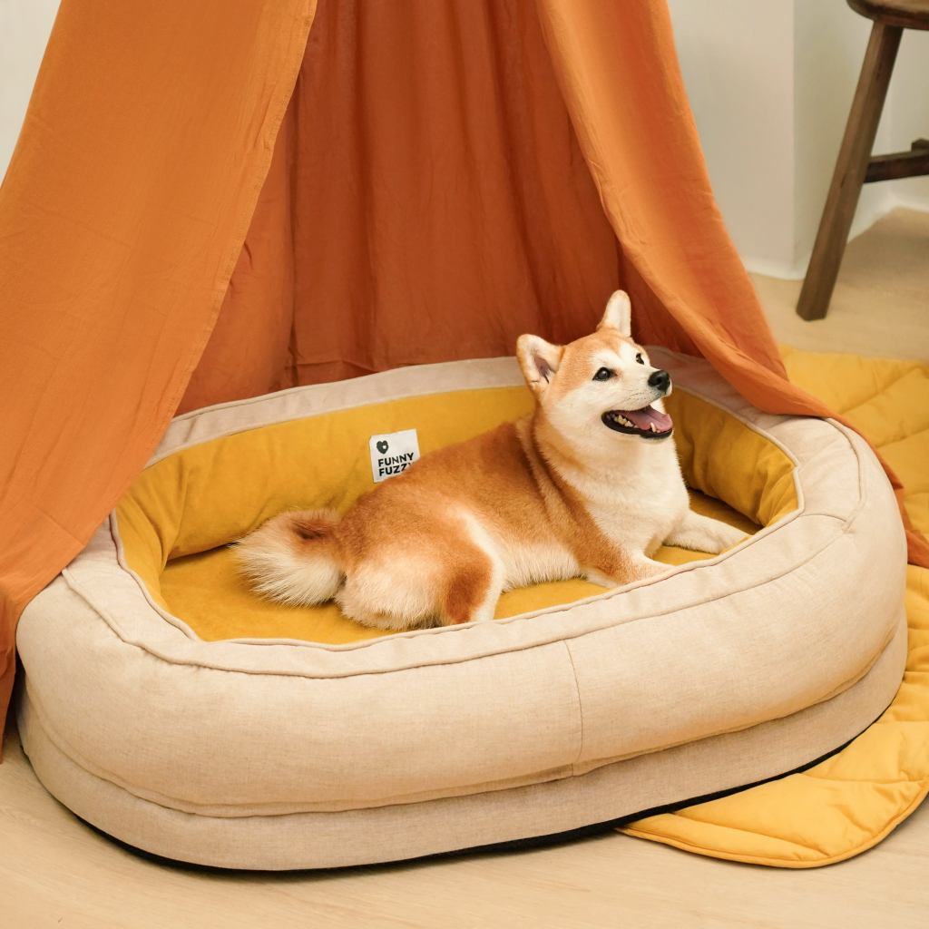 Shiba Inu dog in FunnyFuzzy yellow donut dog bed.