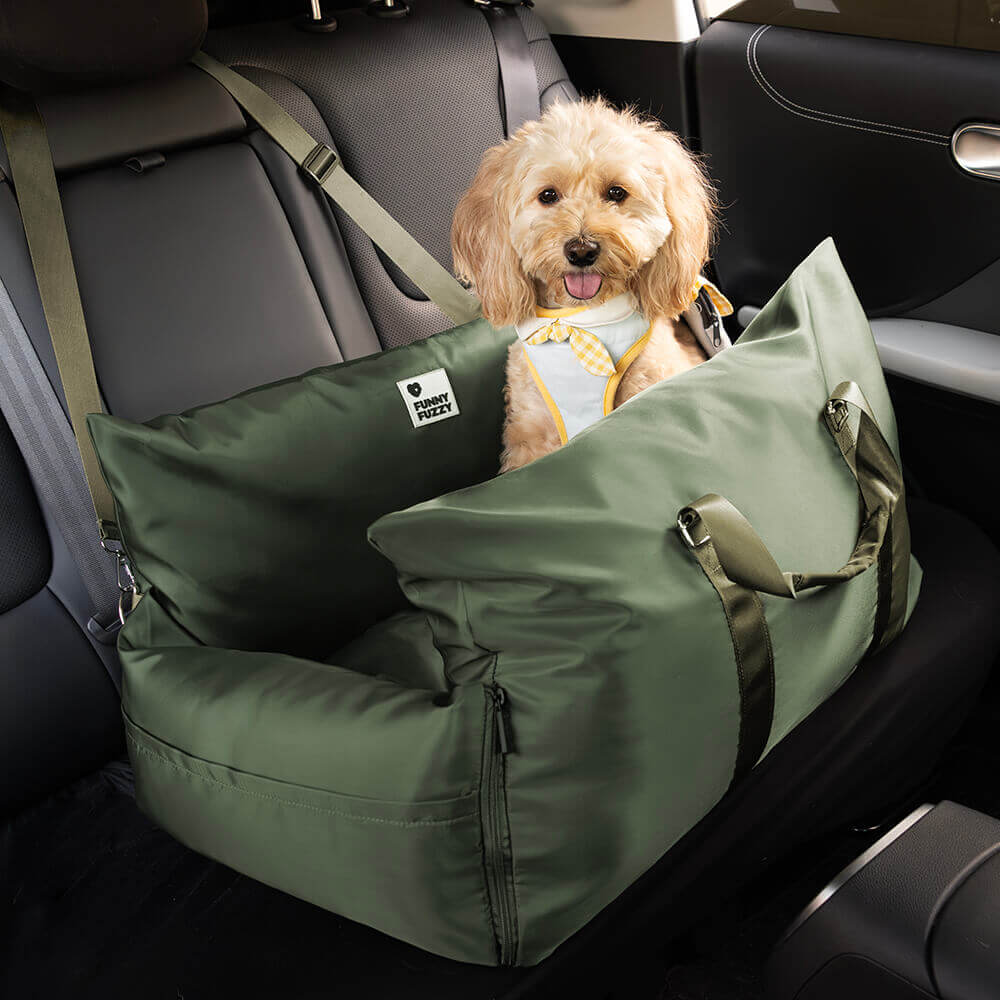 Poodle dog in FunnyFuzzy green waterproof dog car seat bed.