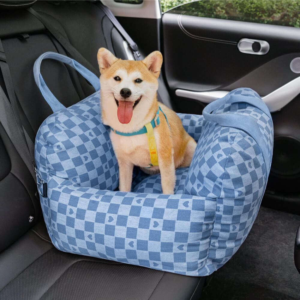 Shiba Inu dog in a first class dog car seat travel carrier, a FunnyFuzzy Dog product.