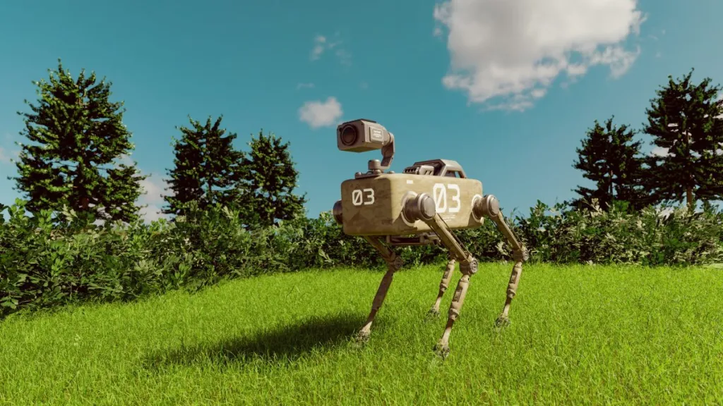 A robot dog standing on a green field on a sunny day, a Massachusetts State Police robot was shot by a suspect during a standoff