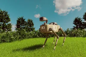 A robot dog standing on a green field on a sunny day, a Massachusetts State Police robot was shot by a suspect during a standoff
