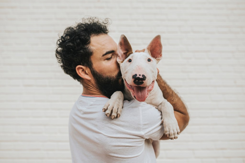 A bearded man holds a Bull Terrier mix over his shoulder, kissing the pup's cheek.