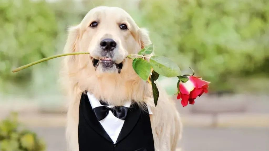 Close-up portrait of Golden Retriever dog with rose in mouth.