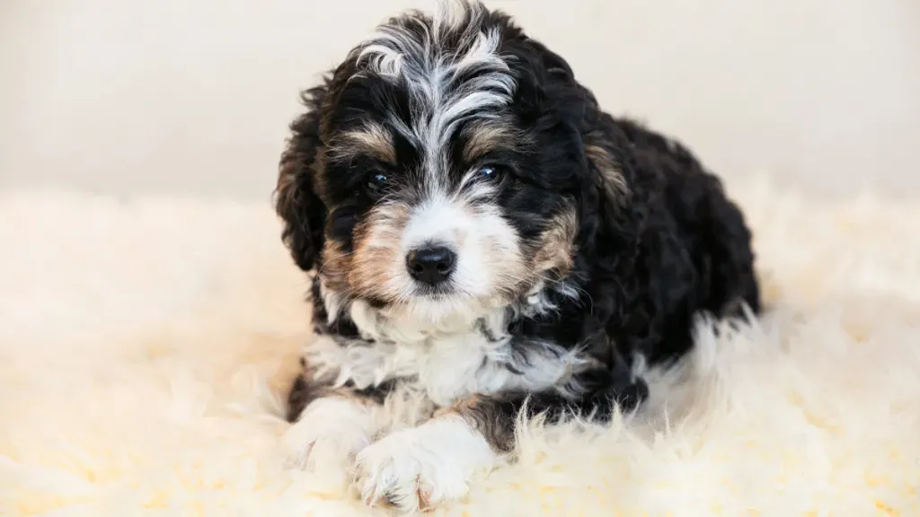 Adorable Bernedoodle Puppy Sitting on white fur on white background