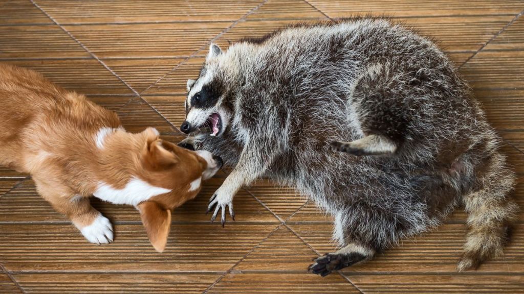 Fat raccoon playing with dog.