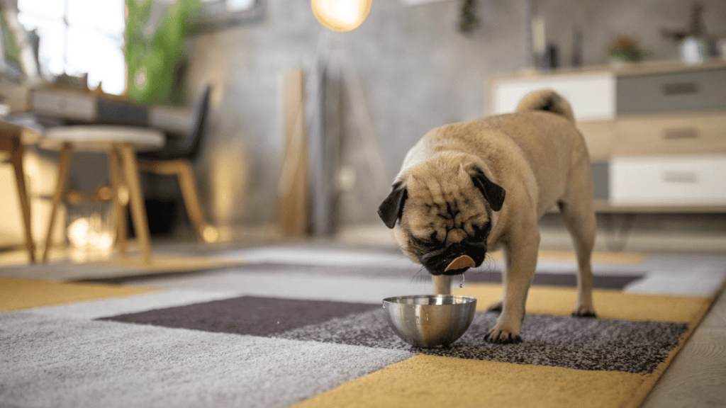 Pug drinking from a bowl