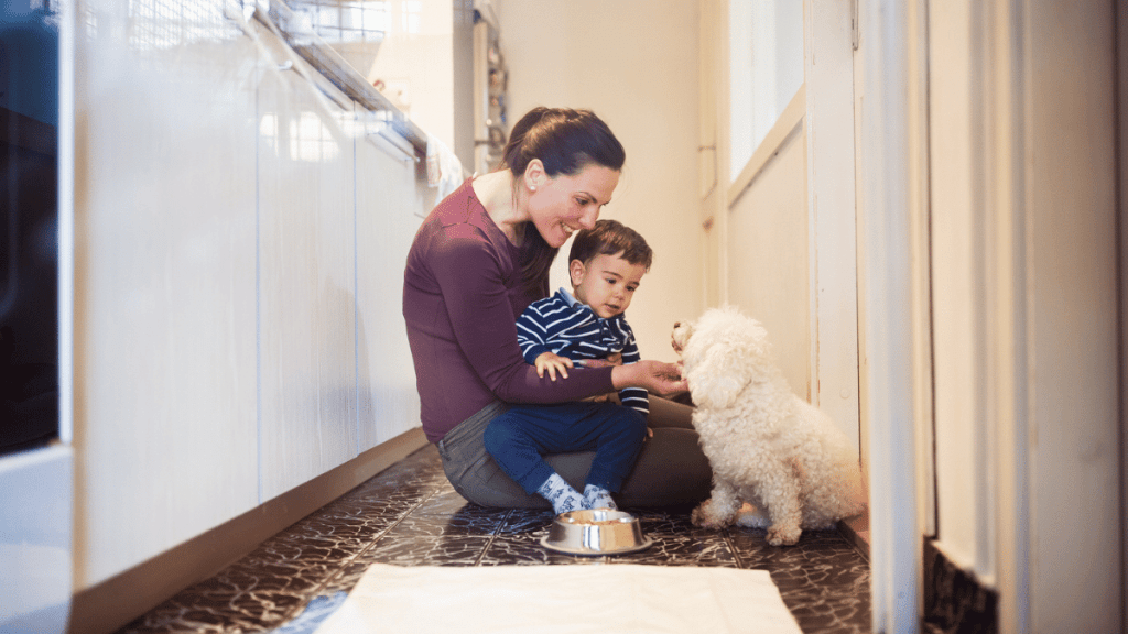 mom and son feeding puppy