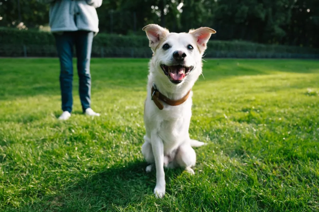 Chien à trois pattes à l'extérieur avec un parent.