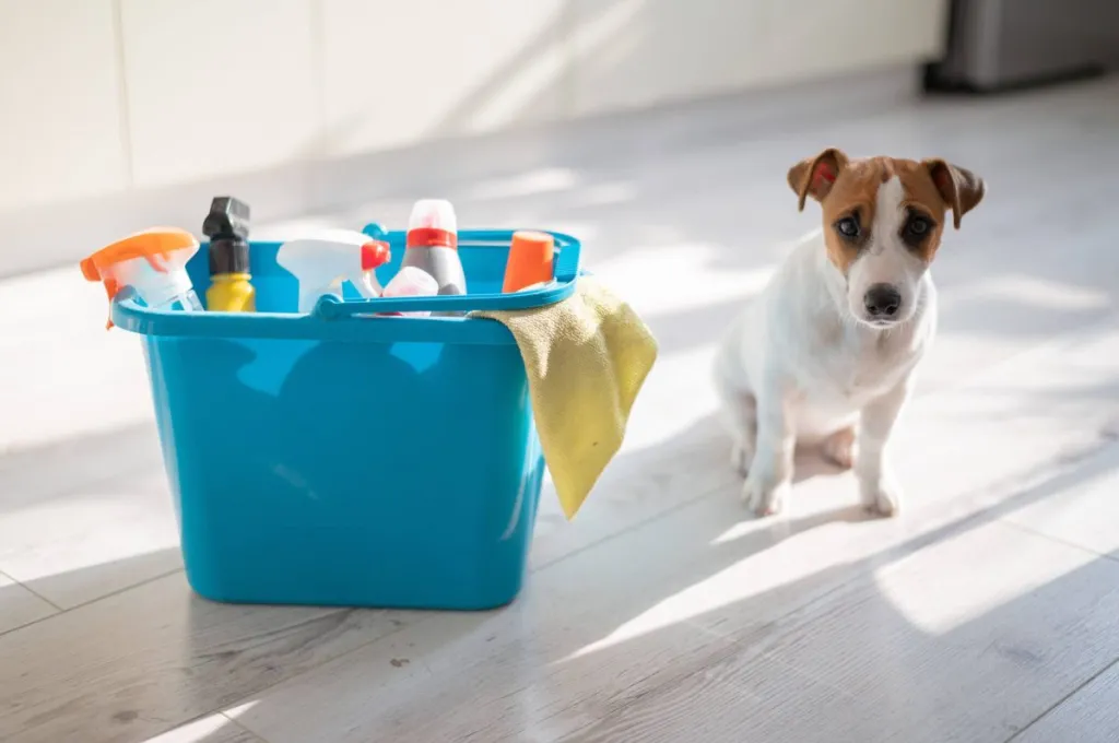 Dog next to cleaning supplies.