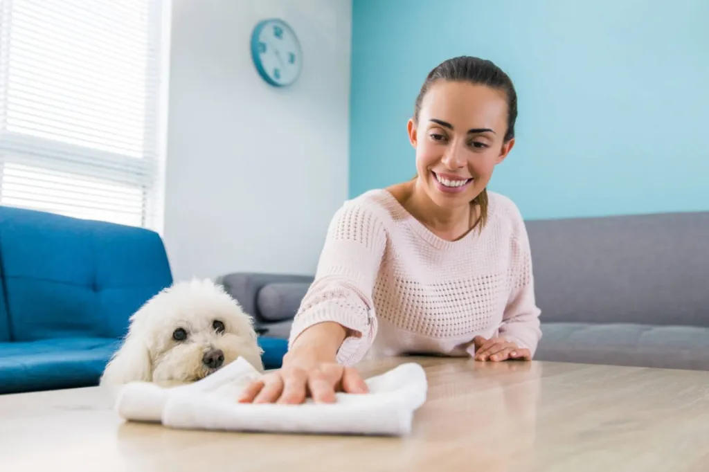 Dog parent wiping the table using pet-safe cleaning products along with her pup.