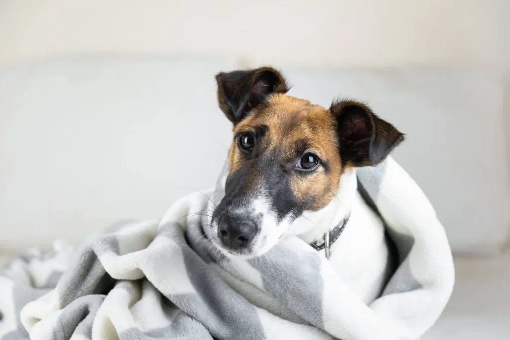 Cute little Fox Terrier in throw plaid lying in bed at home.