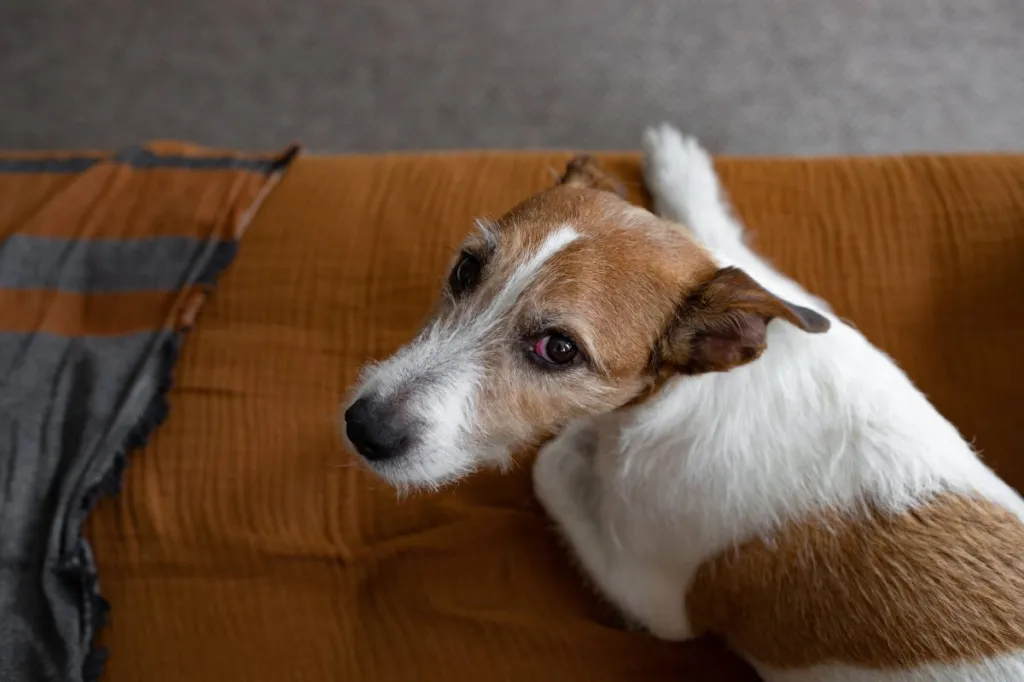 Chien à l'œil rouge - l'un des symptômes de la sclérite.