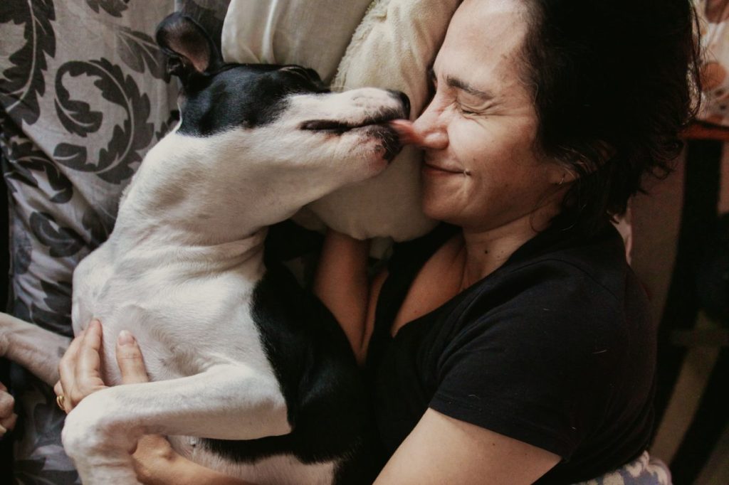 Un chien lèche le visage d'une femme au lit.