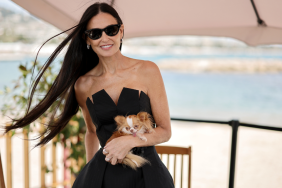 Demi Moore and her dog Pilaf attend a talk at the 77th annual Cannes Film Festival at American Pavillion on May 19, 2024 in Cannes, France.