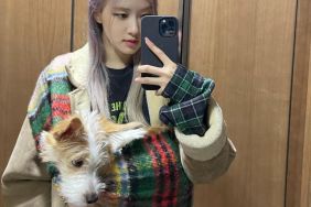 BLACKPINK Rosé with her dog Hank in a baby wrap.