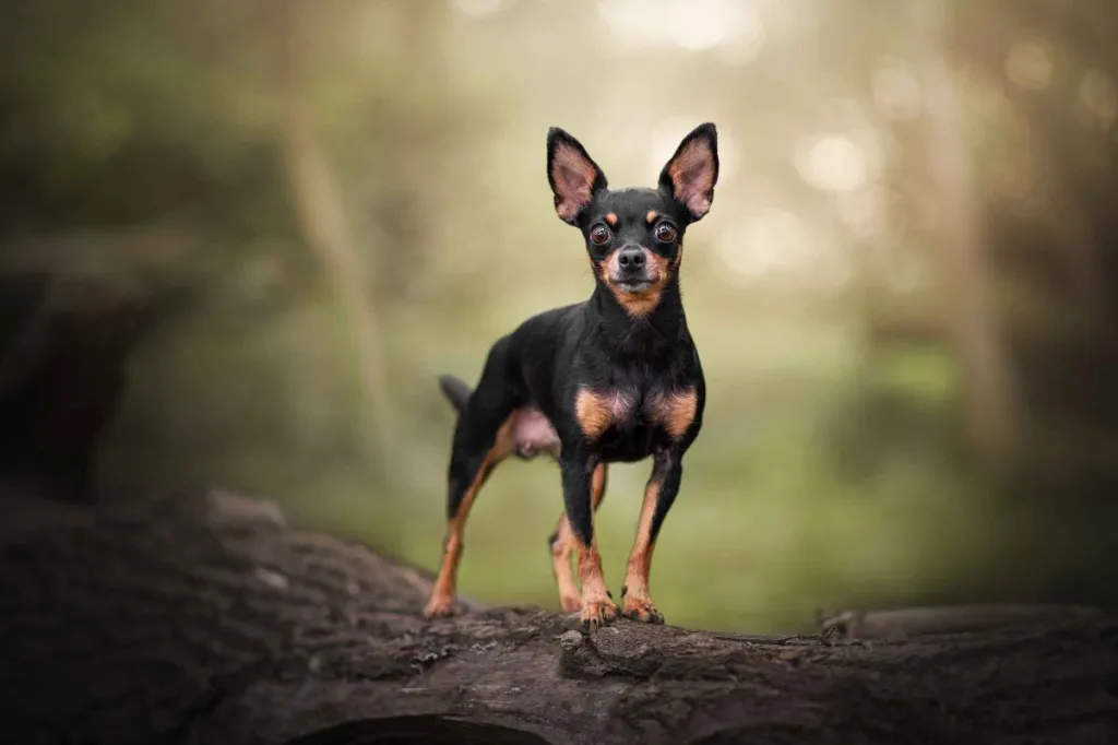 An alert black and tan Chipin stands on a log, looking at the camera.