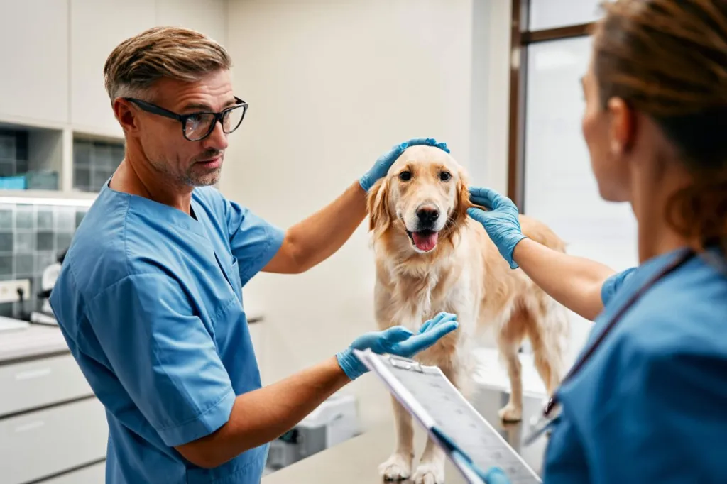 Vétérinaire effectuant un examen physique sur un chien.