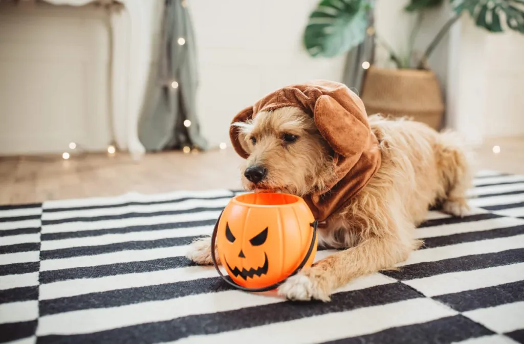 Dog with Halloween pumpkin decoration.