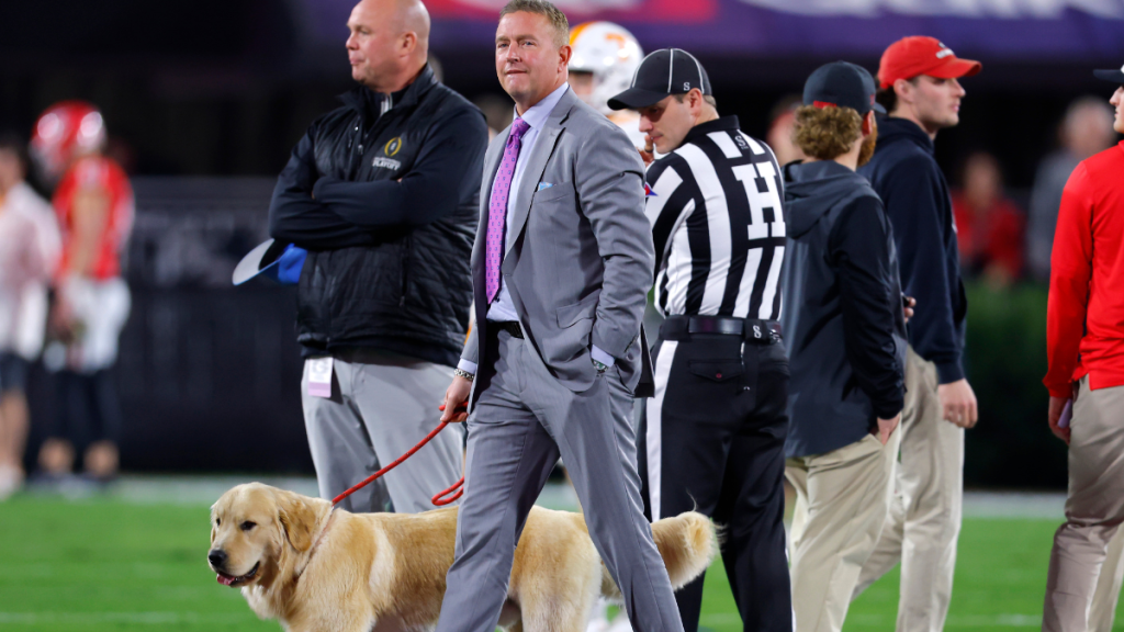 ESPN commentator Kirk Herbstreit with his dog Peter prior to a game between the Tennessee Volunteers and Georgia Bulldogs at Sanford Stadium on November 16, 2024 in Athens, Georgia.