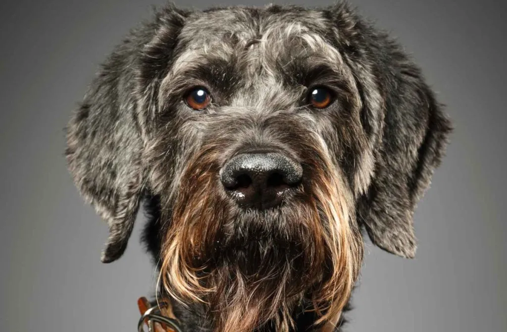 A studio portrait of a Giant Schnauzer Poodle mix dog, commonly called the Giant Schnoodle