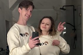 Joey King and her husband wearing tees with their dog’s faces.