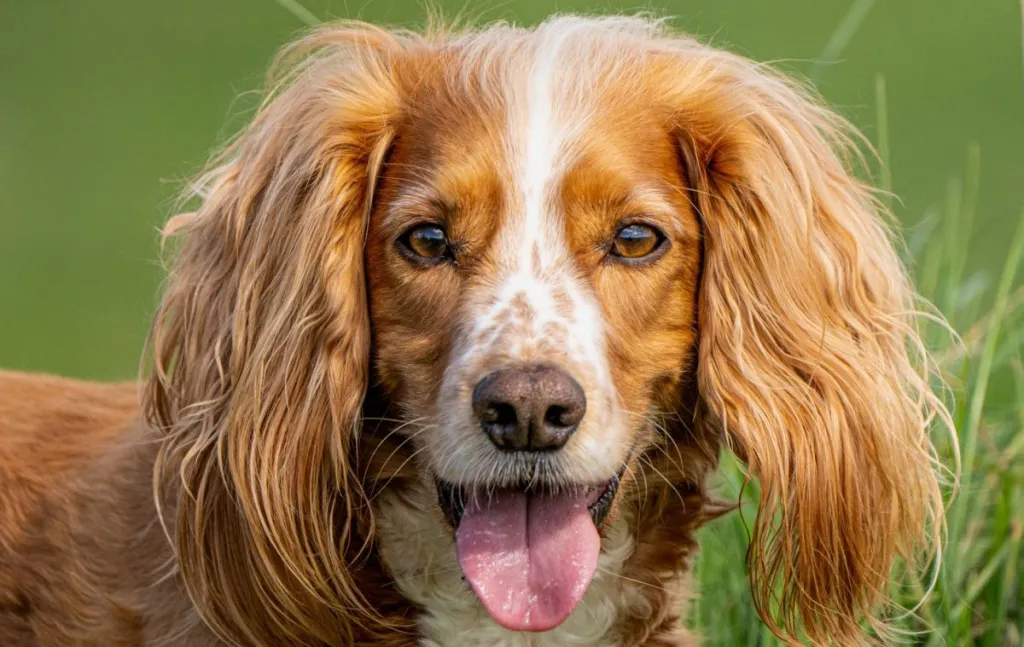 A golden Cocker Spaniel with white markings looks directly at the camera