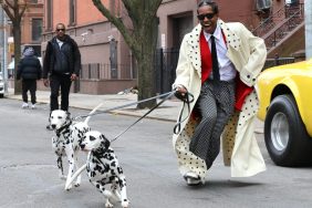 A$AP Rocky is seen with Dalmatians during a photoshoot for "Vogue" in Harlem, Manhattan on March 04, 2025 in New York City.