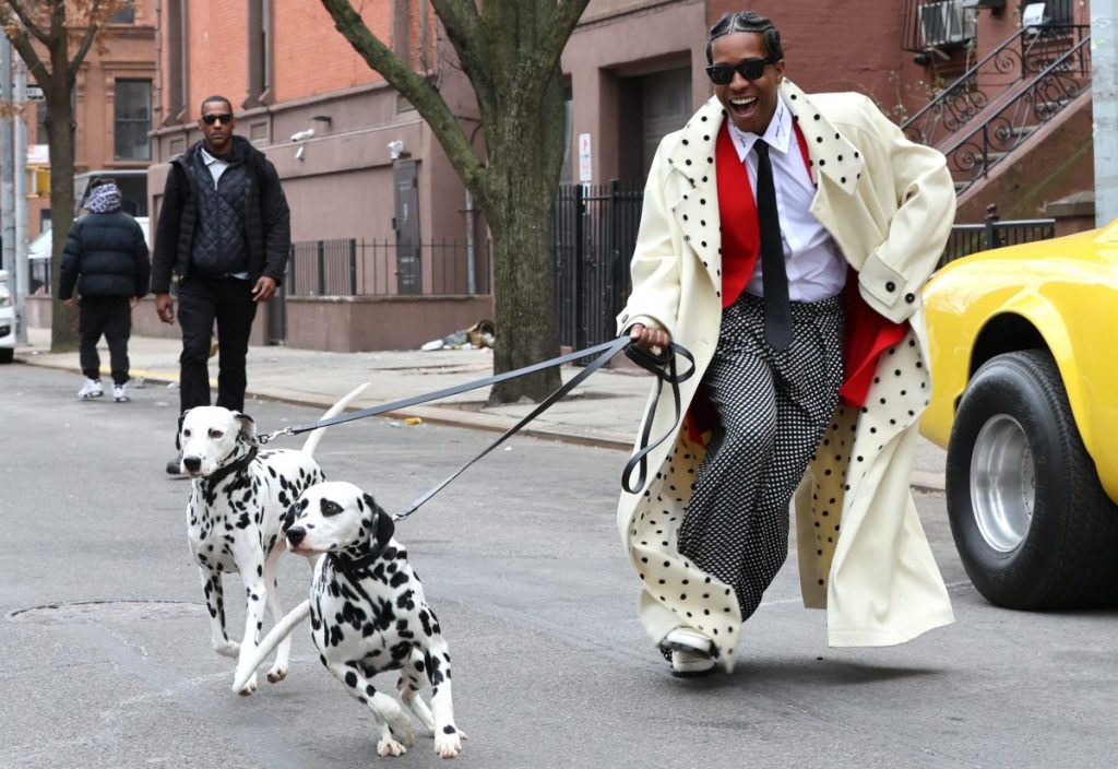 A$AP Rocky is seen with Dalmatians during a photoshoot for "Vogue" in Harlem, Manhattan on March 04, 2025 in New York City.