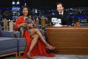 Megan Thee Stallion with her dog 4oe during an interview with Jimmy Fallon on Thursday, August 11, 2022.