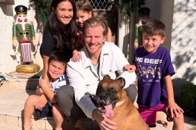 Sean Lowe and family with their rescue pet dog, Moose.