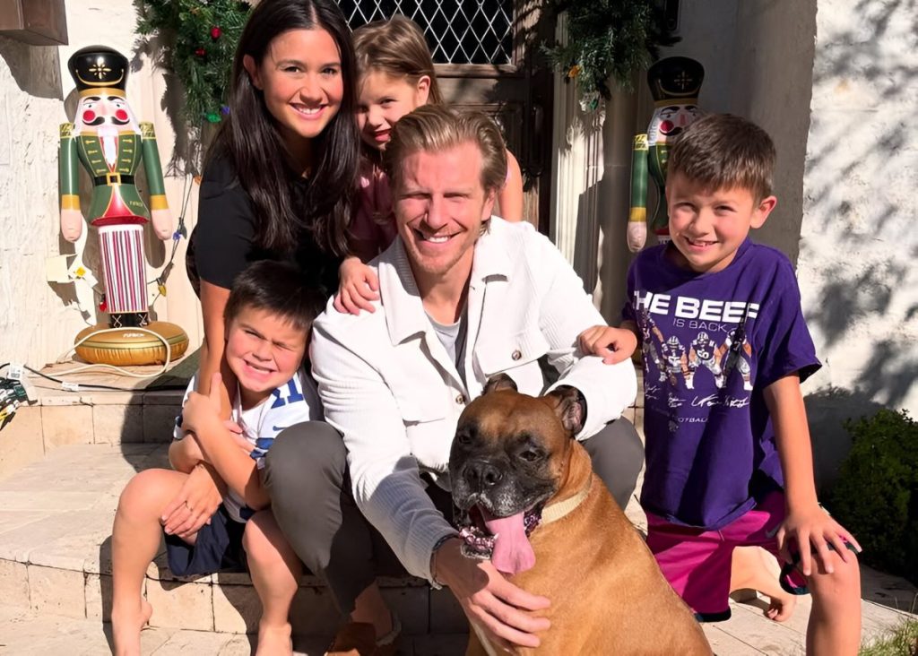 Sean Lowe and family with their rescue pet dog, Moose.