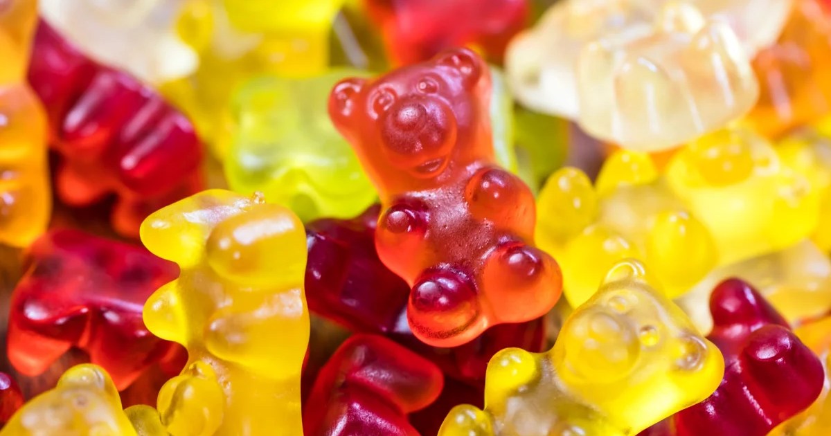 A closeup photo of sugar-filled gummy bears, which although technically safe for dogs in moderation, should not be given as a treat.