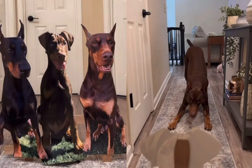 Video of dog’s reaction to lifesize poster.