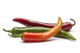 Three chili peppers of varying colors and shapes. Dogs can't eat chili peppers.