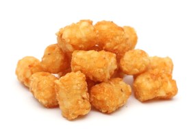 A closeup photo of a pile of tater tots against a white studio background. While dogs can eat tater tots, they really shouldn't as tater tots are not healthy dogs.