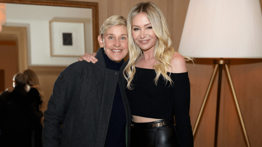 Ellen DeGeneres and Portia de Rossi are seen as RH Celebrates The Unveiling of RH San Francisco, The Gallery at the Historic Bethlehem Steel Building on March 17, 2022 in San Francisco, California.