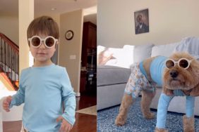 Goldendoodle and toddler rock matching outfits in adorable video