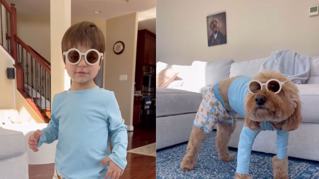 Goldendoodle and toddler rock matching outfits in adorable video
